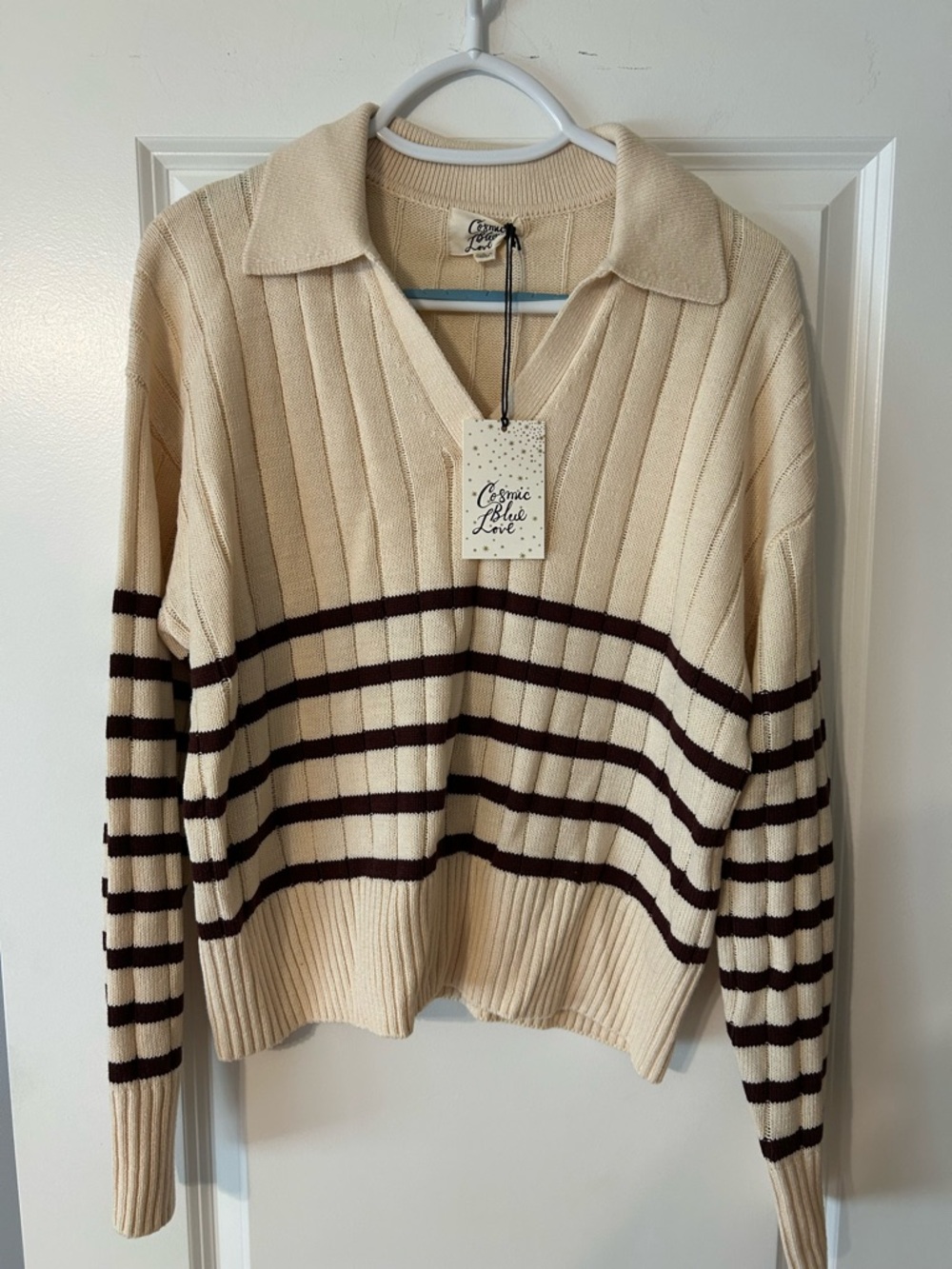 Cream V-Neck Collared Stripe Sweater by Cosmic Blue Love